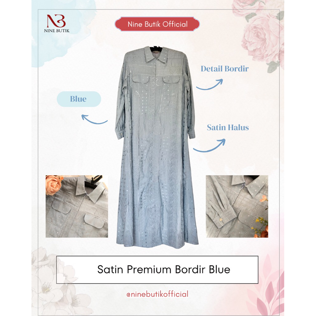 Dress Satin Full Bordir Blue | Dress Satin Premium | Dress Full Bordir