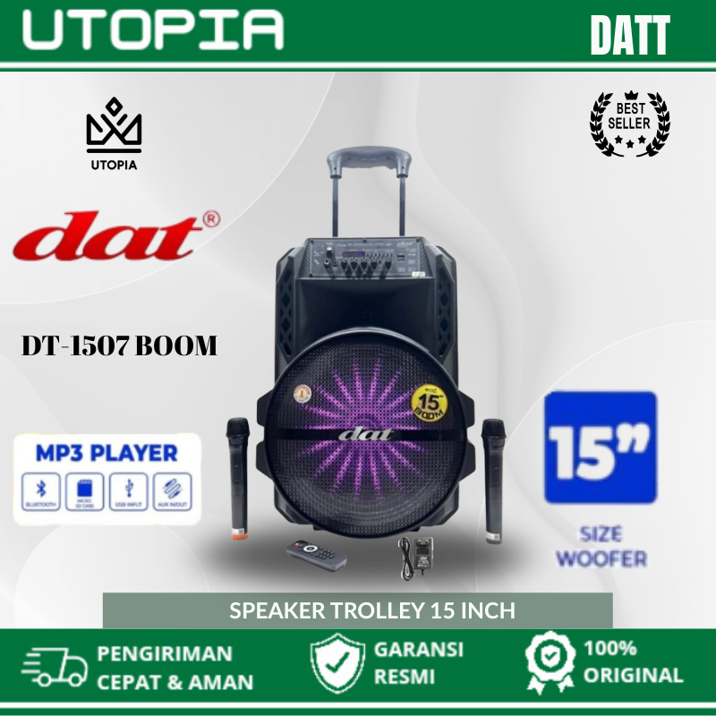 SPEAKER PORTABLE 15 INCH DAT DT1507 BOOM DT-1507 BOOM DT 1507 ORIGINAL FREE 2 MIC WIRELESS