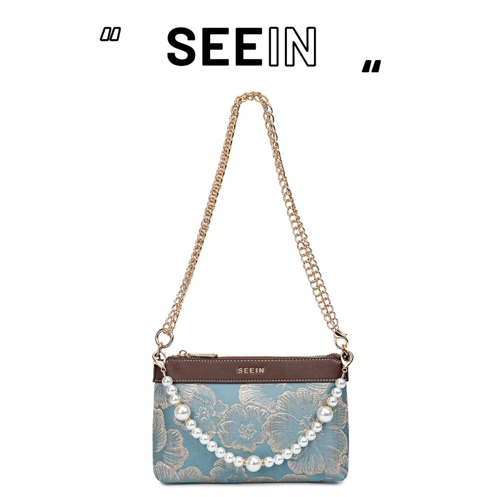 SEEIN  Tas wanita tas kondangan  tas Myra motif bunga rantai emas tas selempang wanita biru tua (02)