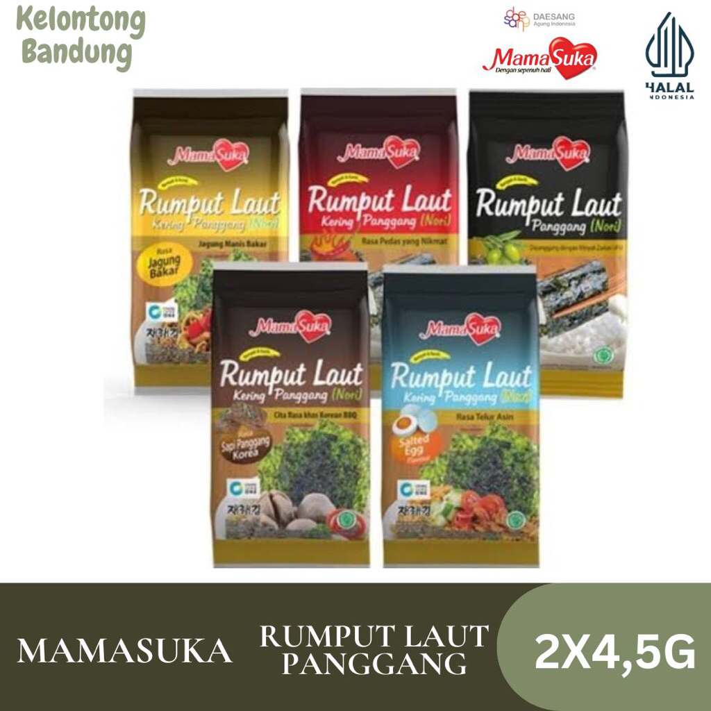 

MamaSuka Rumput Laut Panggang (Nori) isi 2 pack x 4,5gr Rasa Original / Korean BBQ / Jagung Bakar / Pedas / Salted Egg