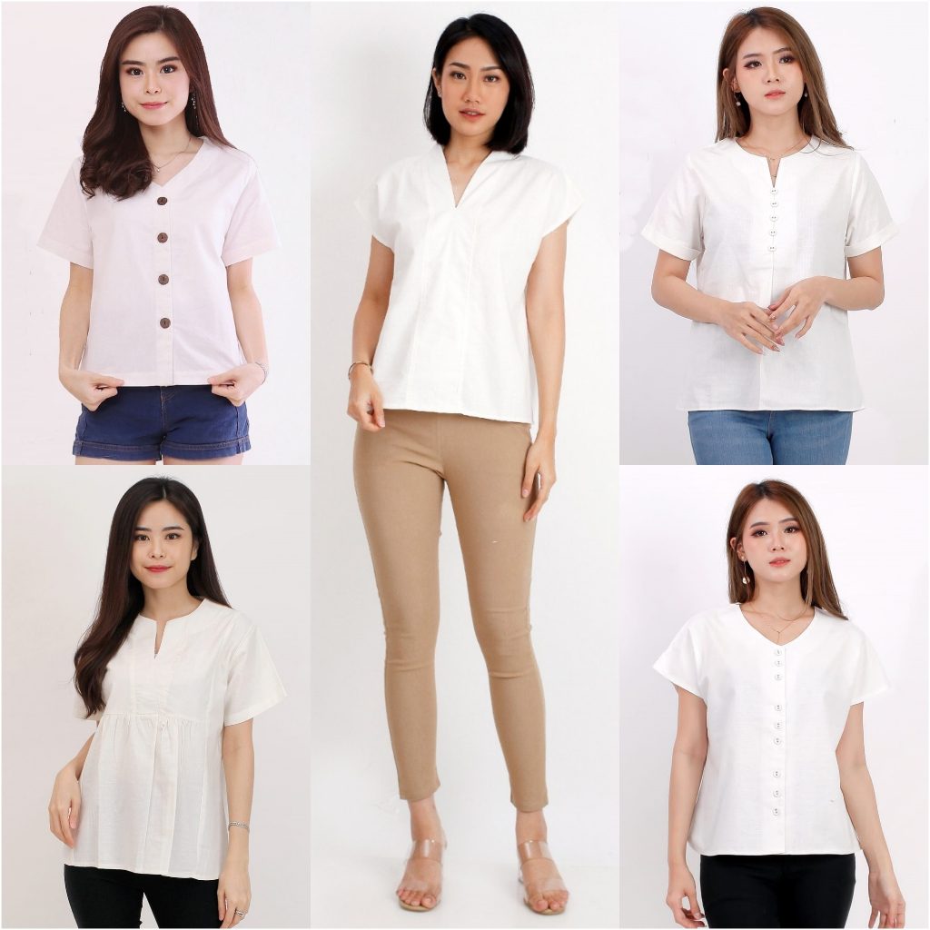 Baju Atasan Putih Wanita Woman Blouse White Top Kemeja Cewek Blus Kantor Kerja Bahan Katun Uniqlo Te