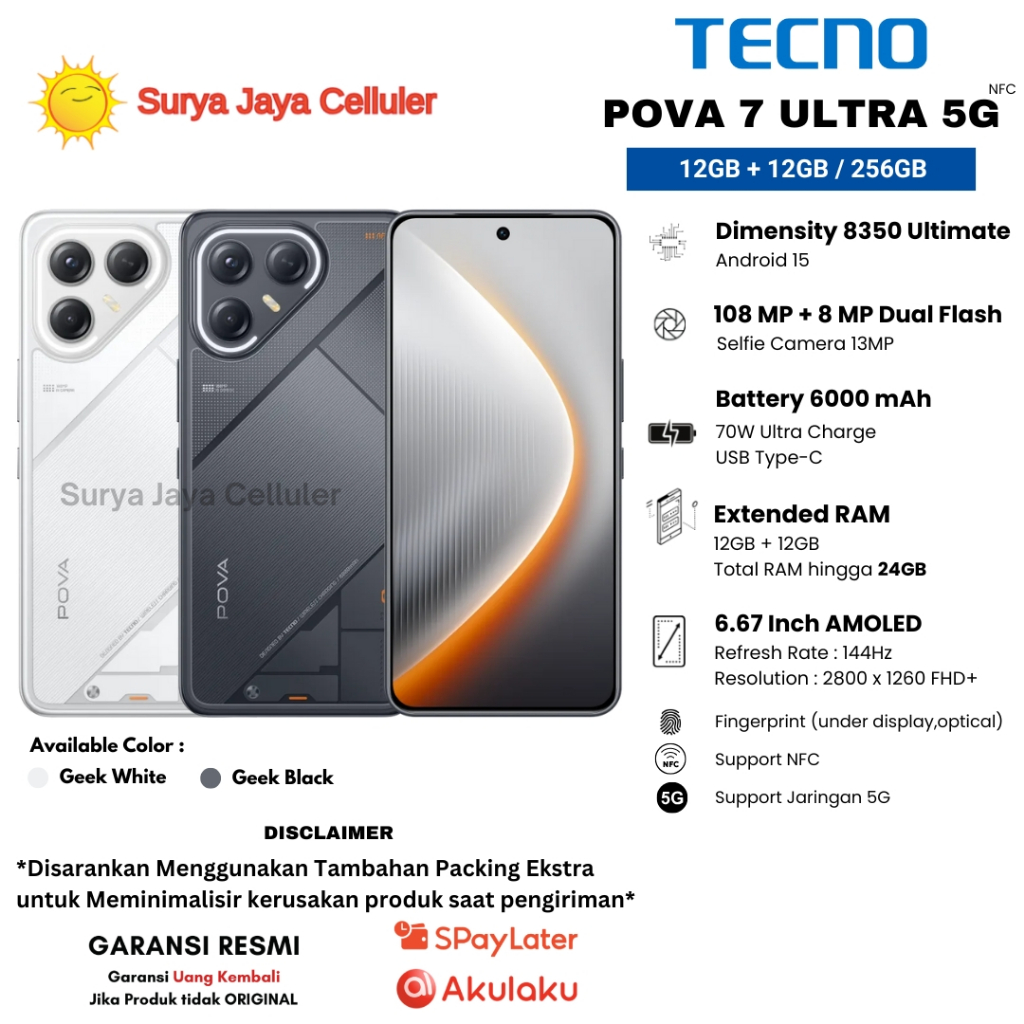 HP TECNO POVA 7 ULTRA 5G 12/256GB, dan POVA 7 CURVE 5G 8/256GB (Garansi Resmi Tecno 1 Tahun)