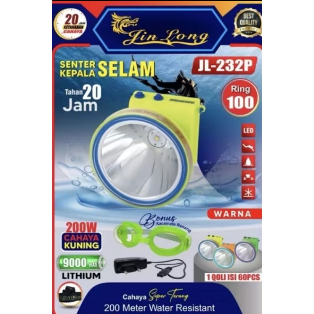 Senter Kepala Selam LED Jin Long JL-232K 200W JL-232 250W - Cahaya Terang untuk Penyelaman dan ...