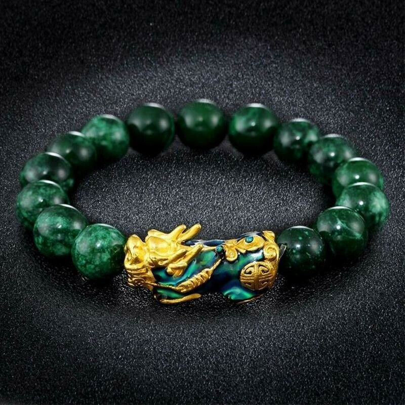 Lucky Feng Shui Mantra Amuleet Obsidian Carved Pixiu Green Bracelet Jewelry