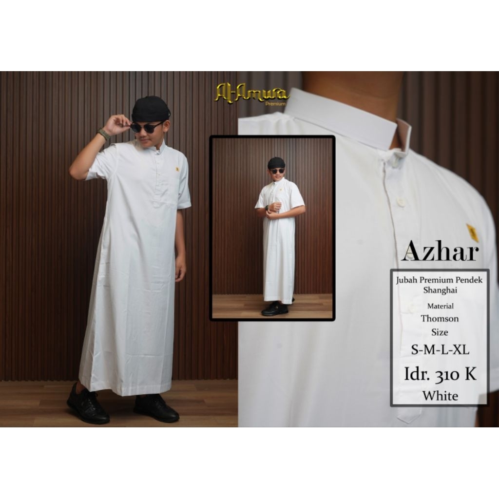 AL AMWA AZHAR jubah putih polos lengan pendek kerah sanghai gamis pria