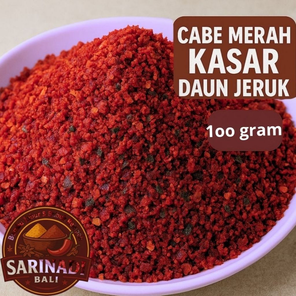 

Cabe Merah Daun Jeruk 100gr Bubuk Cabe Kasar Daun Jeruk Pedas Wangi Khas