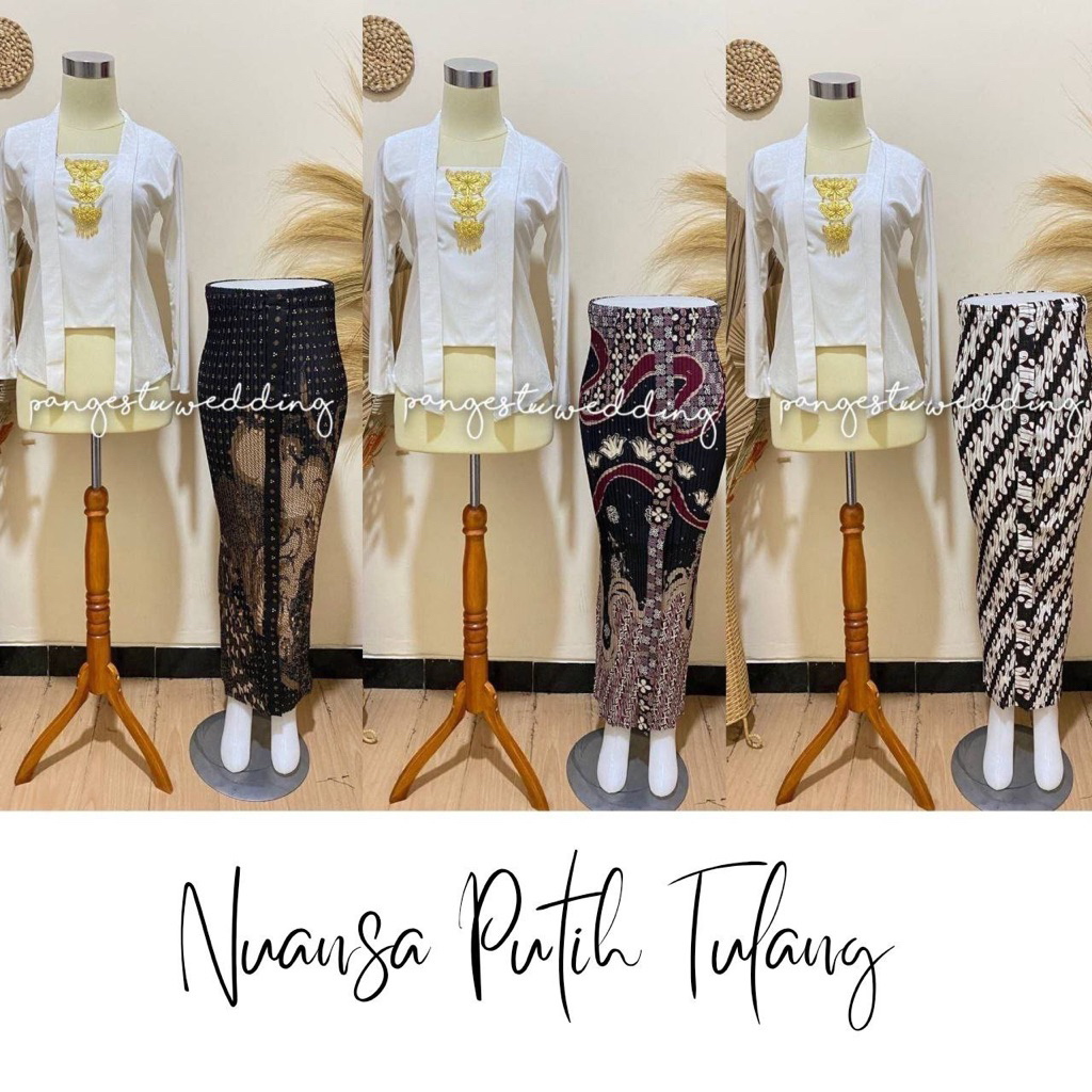 [1 Set - Putih Tulang] Kebaya + Rok Plisket Wiru
