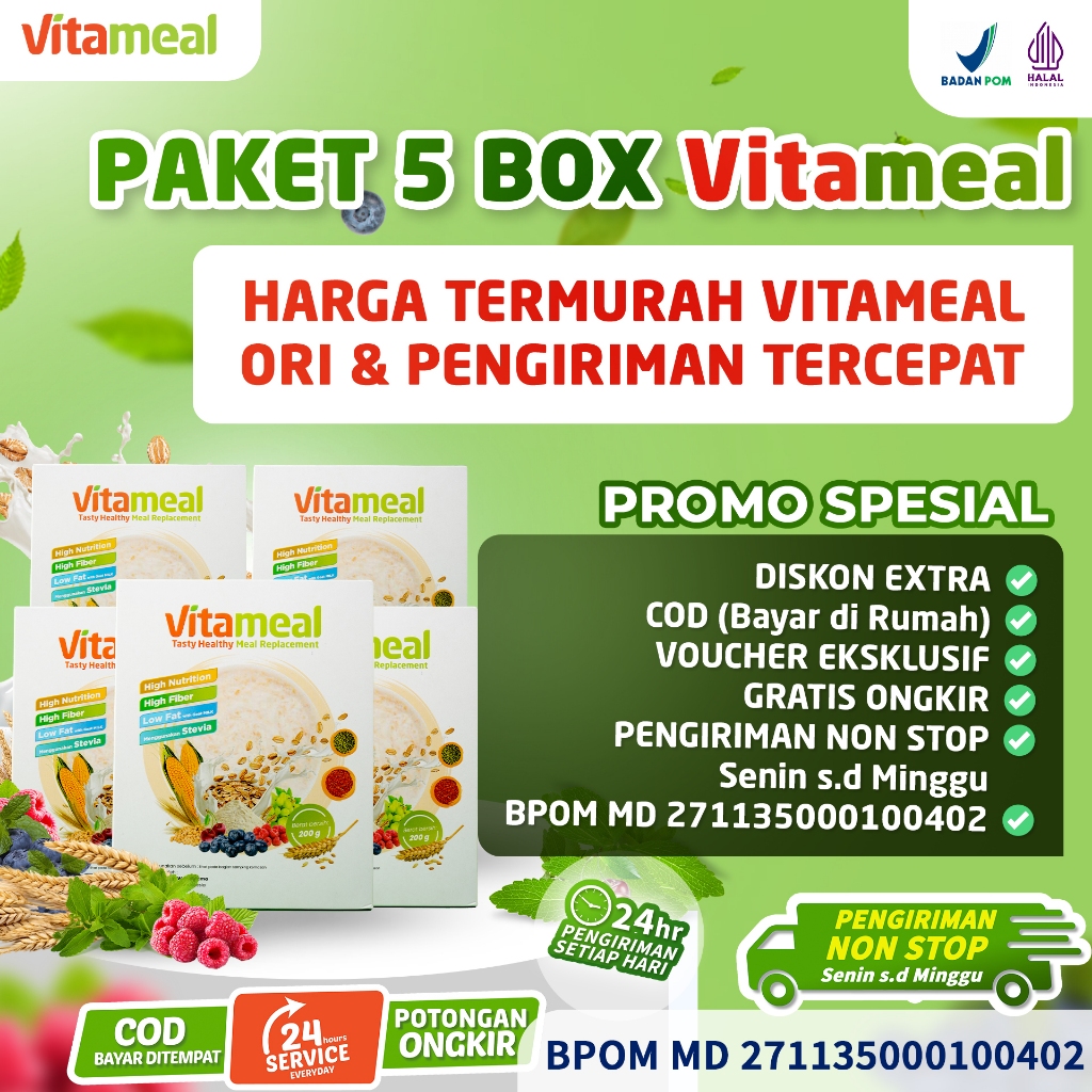 

Vitameal - Paket 5 Box Sereal Vitameal Lebih Murah Solusi Tepat Menurunkan Gula Darah Cegah Diabates Secara Alami 100% Aman BPOM