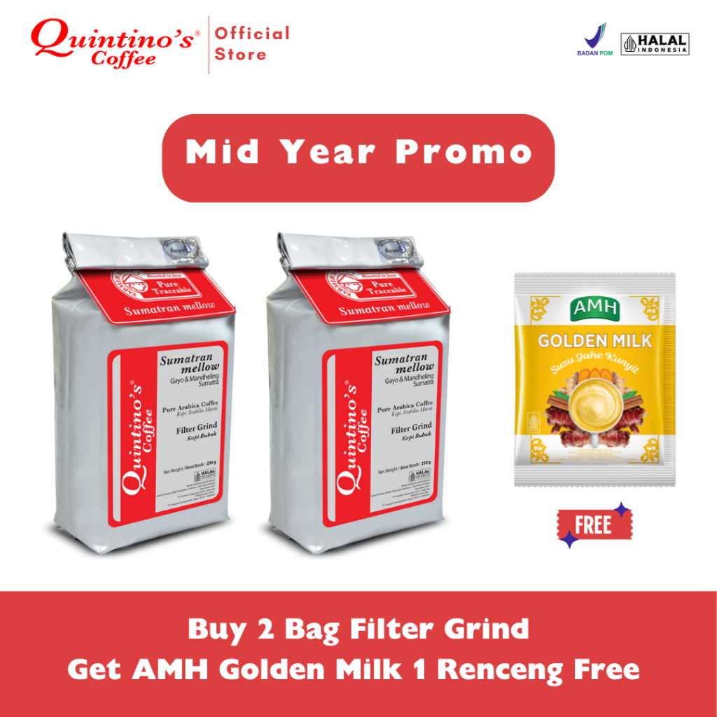 

Quintino's Coffee - Filter Grind Kopi Bubuk Sumatran Mellow 250gr (2 Bags free AMH Golden Milk)