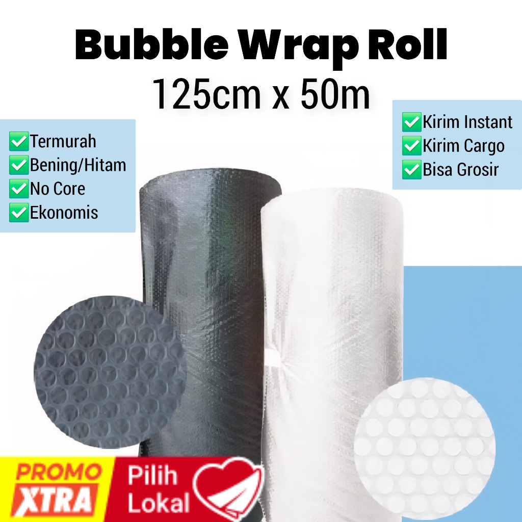 

Bubble Wrap Roll 125 cm X 50 m Tanpa Core Hitam Bening Plastik Bubble Packing