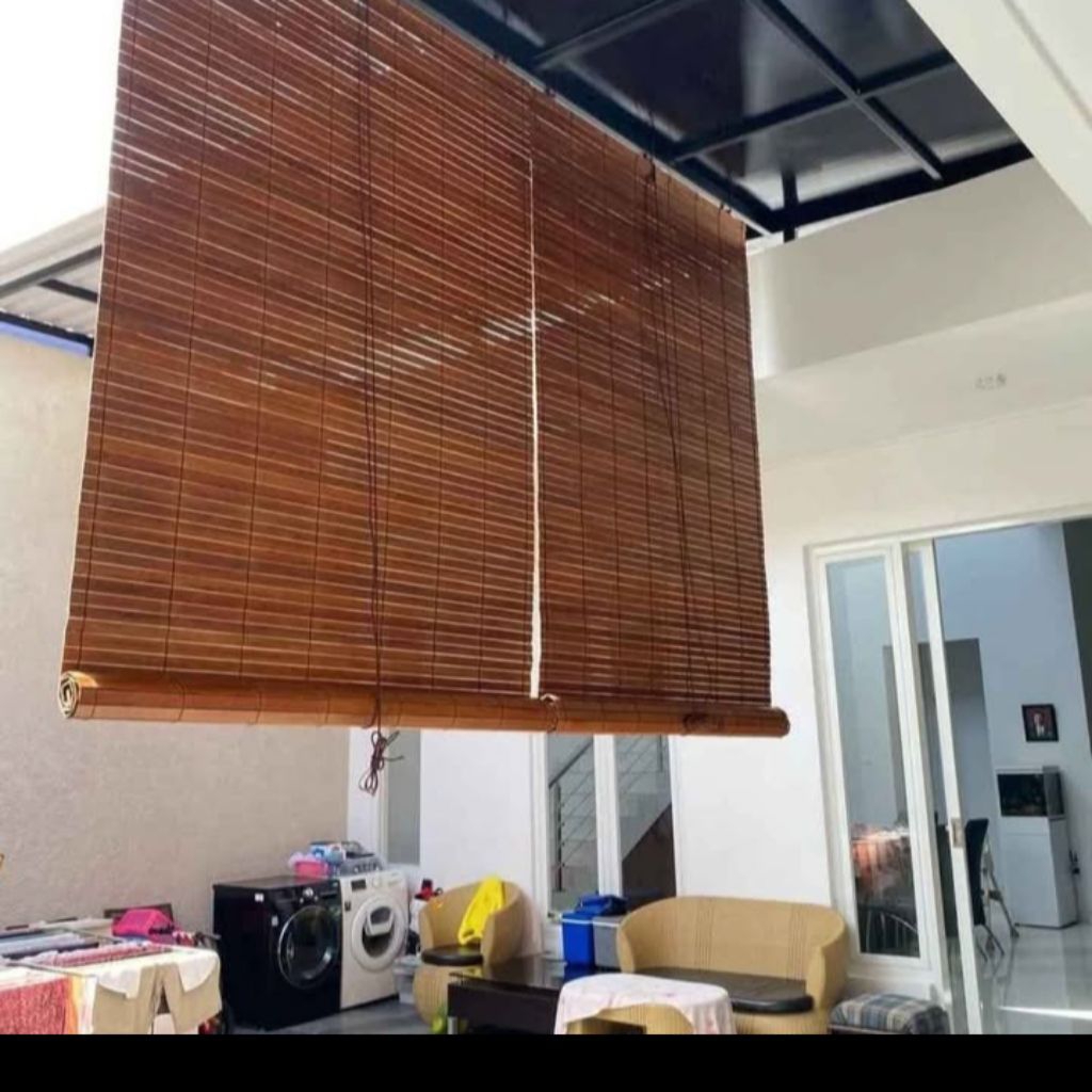 Tirai kayu Jati Asli/Tirai kayu Jati finishing plitur vernis/ kerai kayu Jati katrol gulung Lebar 20