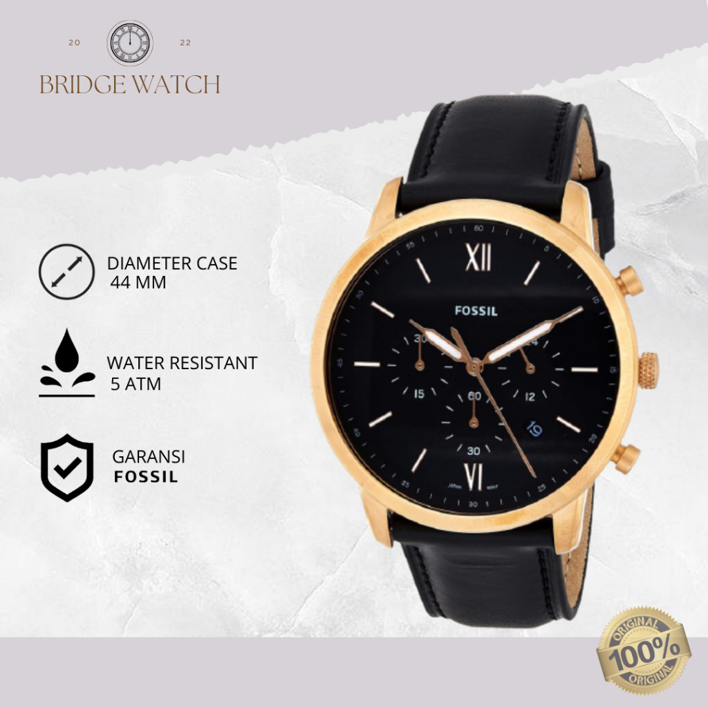 Jam Tangan Pria Fossil Neutra FS5381 Chronograph Men Black Dial Black Leather Strap Casual Mewah Ori