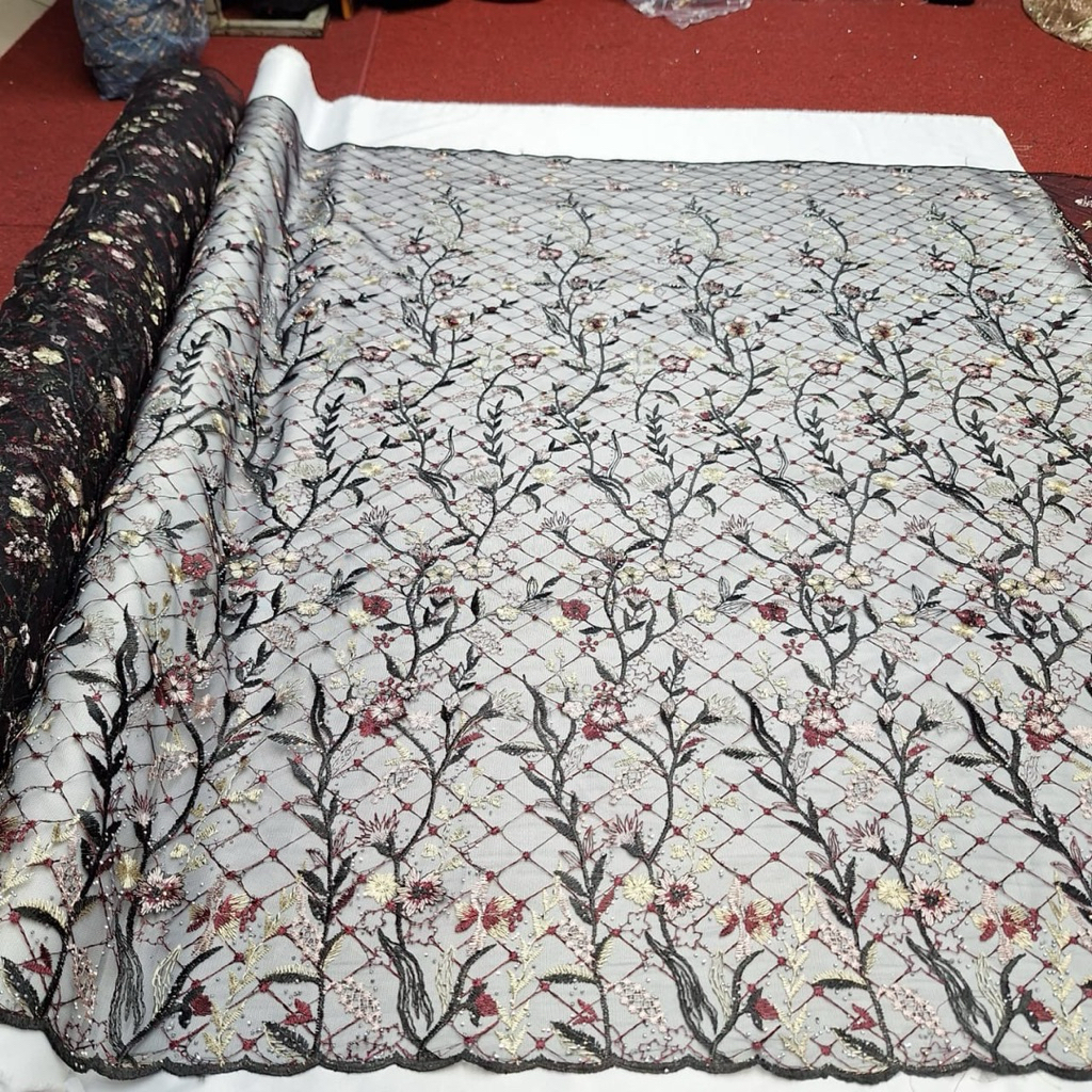 tile bordir diamond/motif bunga/tile payet/bahan kain payet diamond/