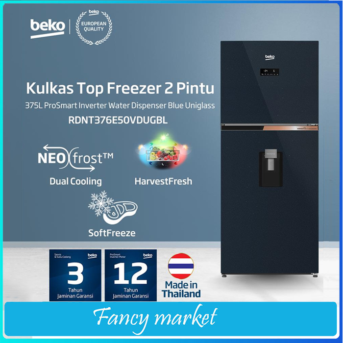 KULKAS 2 PINTU BEKO INVERTER RDNT376E50VDUGBL + DISPENSER Kapasitas 375 Liter - KUALITAS EROPA GARAN
