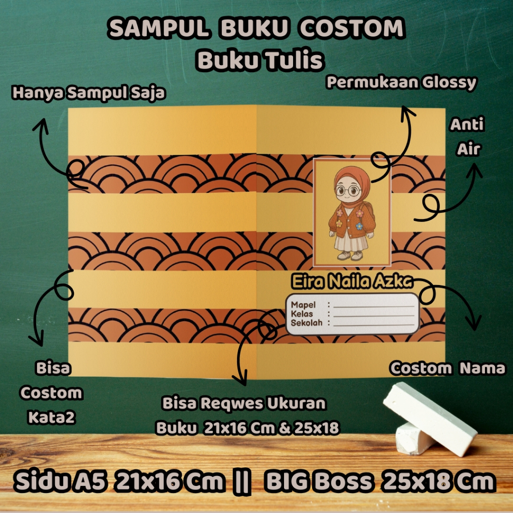 

Sampul Buku Custom (Nama, Nama Sekolah, Kelas & No Absen) Isi 1 Pcs/ Cover Buku/ Sampul Buku Kecil Standart/ Sidu
