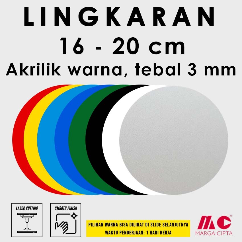 

[Tebal 3 mm] Lingkaran Akrilik 16 / 17 / 18 / 19 / 20 cm - Akrilik warna Hitam / Putih / Merah / Kuning / Orange / Biru / Hijau / Sandblast - Laser Cutting Marga Cipta