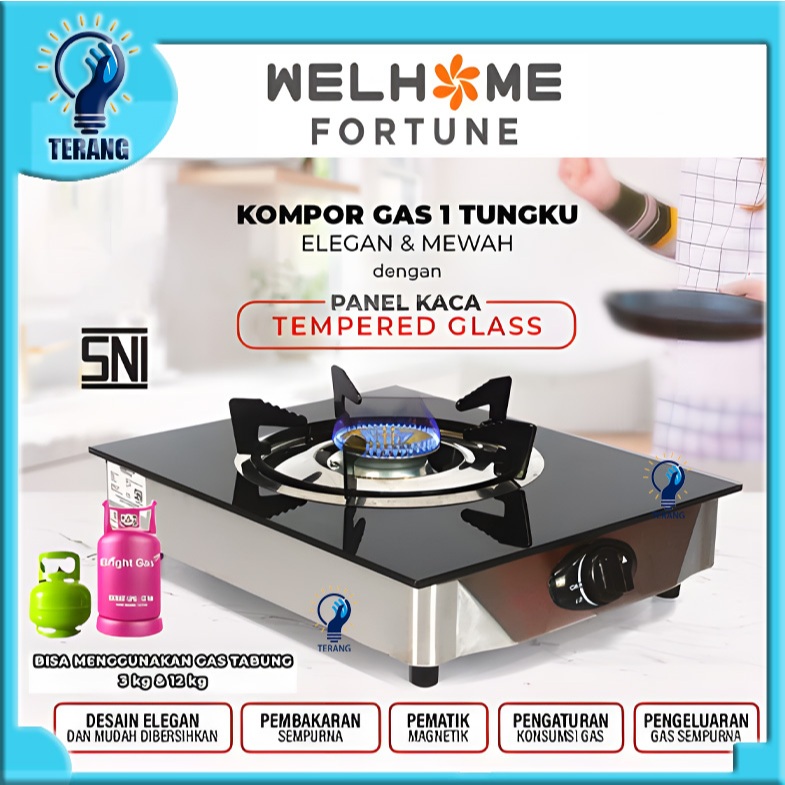 Kompor 1 Tungku Welhome Fortune Kompor Gas Kaca 1 tungku Tempered Panel Kaca