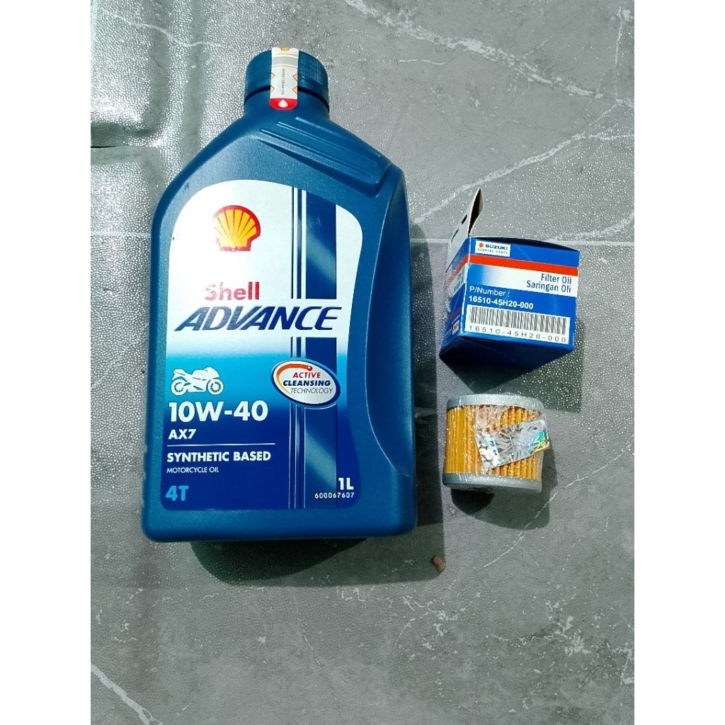 paket oli mesin Shell AX7 10w 40 1 Liter+filter oli satria Fu smash GSX 150 original