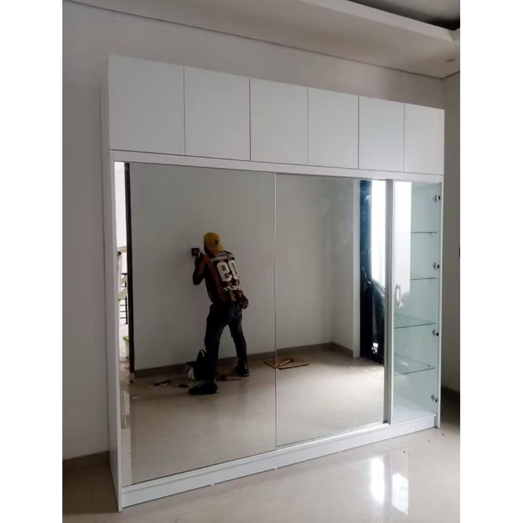 lemari pakaian sliding 2 pintu full cermin jumbo | lemari pajangan tas | lemari sliding pintu 2 kabi