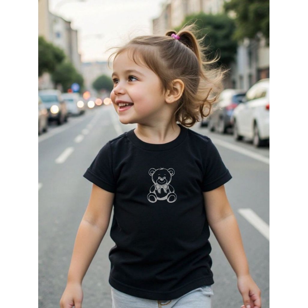 Kaos Anak Laki Perempuan Tedy Bear Katun Combed 24s Premium Putih Hitam Lengan Pendek