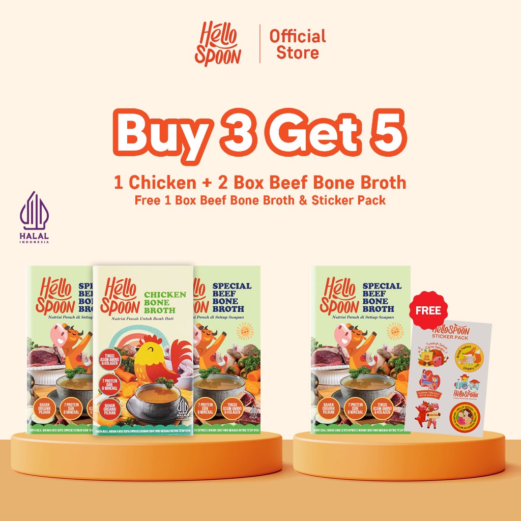 

[BUY 3 GET 5] - 1 CHICKEN BONE BROTH & 2 BEEF BONE BROTH Hello Spoon FREE 1 Box Beef Bone Broth & Sticker Pack - 100% bahan alami - Tanpa MSG & Pengawet