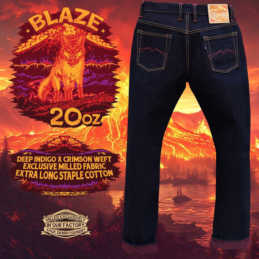 Sage Denim Blaze 20 oz Deep Indigo X Crimson Weft Unsanforized Gold line Selvedge