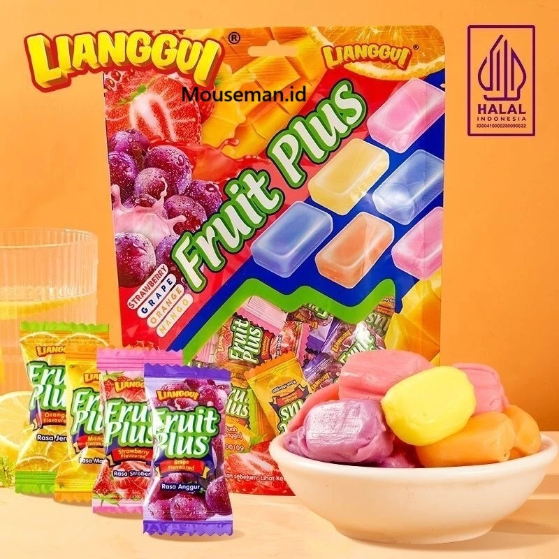 

Permen LIANGGUI Fruit Plus STRAWBERRY GRAPE ORANGE MANGO Permen Lunak Aneka Rasa Buah ( Jeruk, Stroberi, Anggur, Mangga ) 120gr