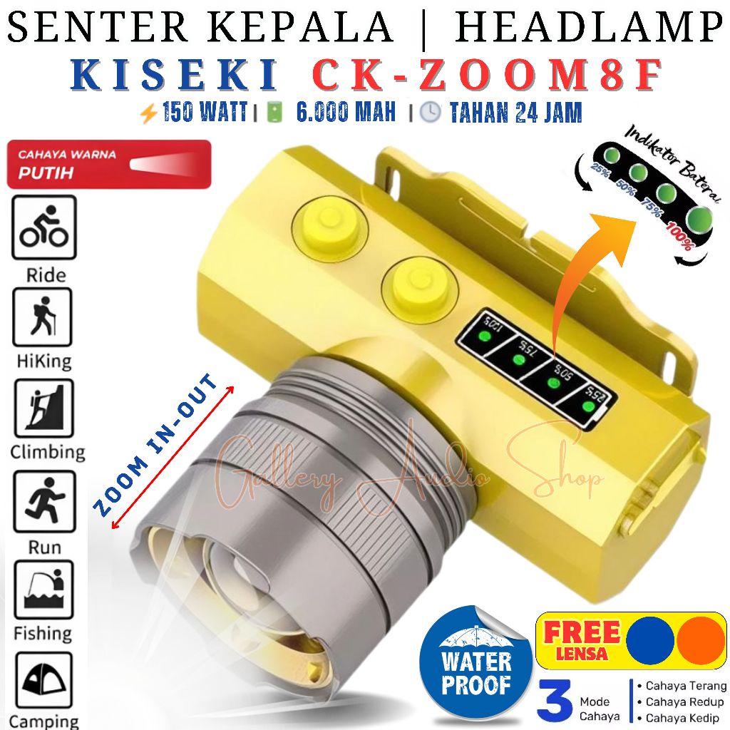 Original Kiseki Senter Kepala CK-Zoom 8F 150Watt Senter Kepala Super Terang Teleskop LED Cahaya Puti
