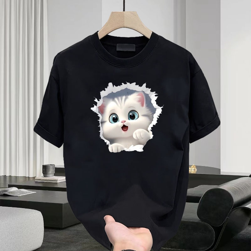 Kaos lengan pendek pria dan wanita musim panas pasang surut kucing lucu cetak kucing pakaian longgar