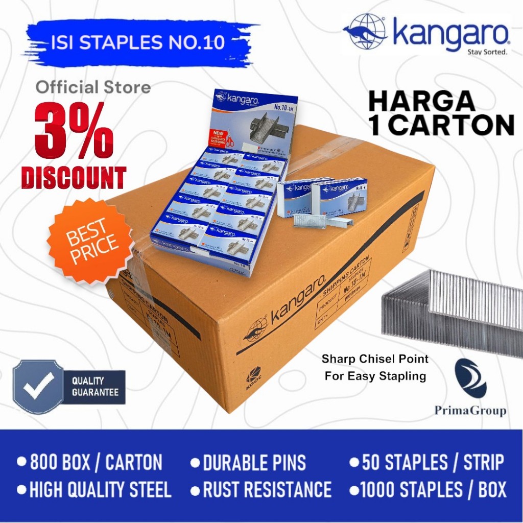 

1 CARTON Isi Staples No.10 KANGARO / Necis No 10 / Isi Stapler Kecil / Isi Hekter No.10 Isi 300 BOX