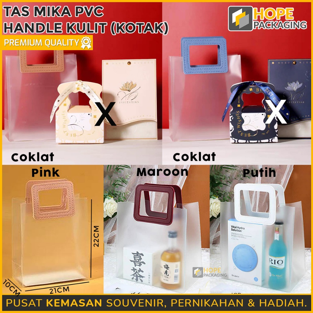 

Tas Mika PVC Doff Size M / Tas Mika Handle Kulit / Goodie Bag Transparan / Tas Hampers Handle Kulit Bulat/Kotak