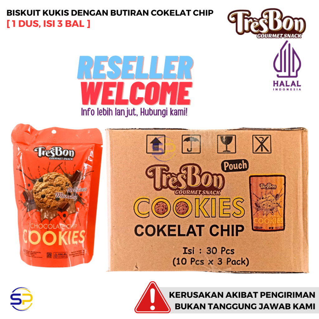 

TRESBON POUCH COOKIES Biskuit Kukis Dengan Butiran Cokelat [1 Dus, Isi 3 Bal]