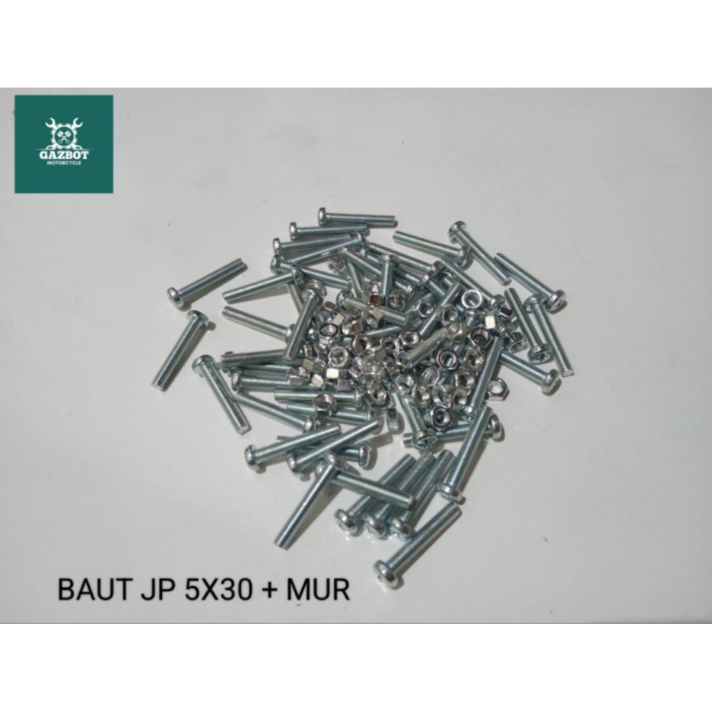 (100pcs) Baut jp 5x30 + mur/baut +mur 8*30 obeng baut 8