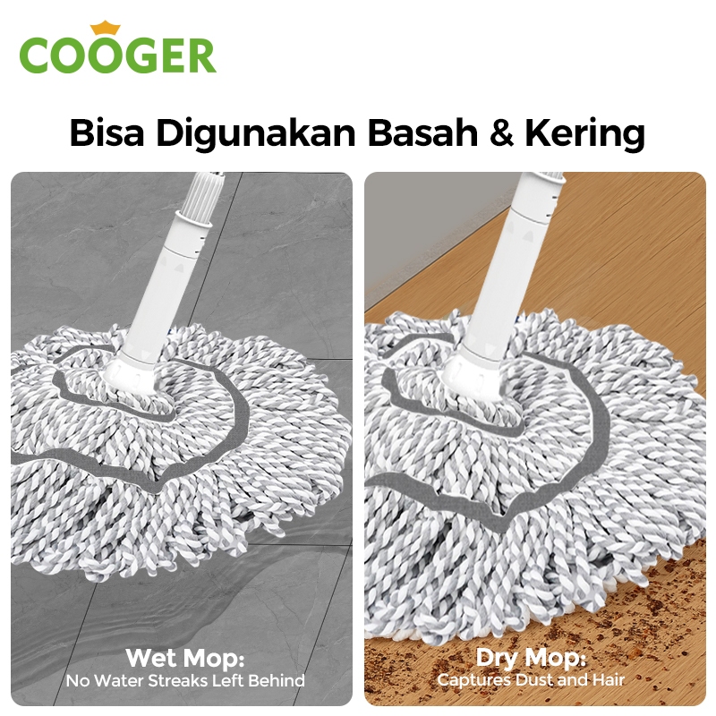 Cooger Surabaya Pel Putar Peras Otomatis Twist Mop Alat Pel Lantai Basah Kering Gagang Panjang