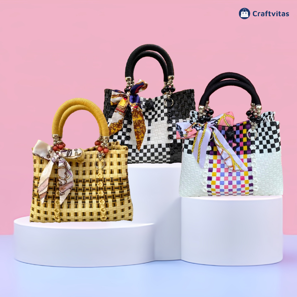 Tas Anyaman Plastik Jali Wanita Handmade Bag Premium Top Handle Bag Rajut - Craftvitas Indonesia