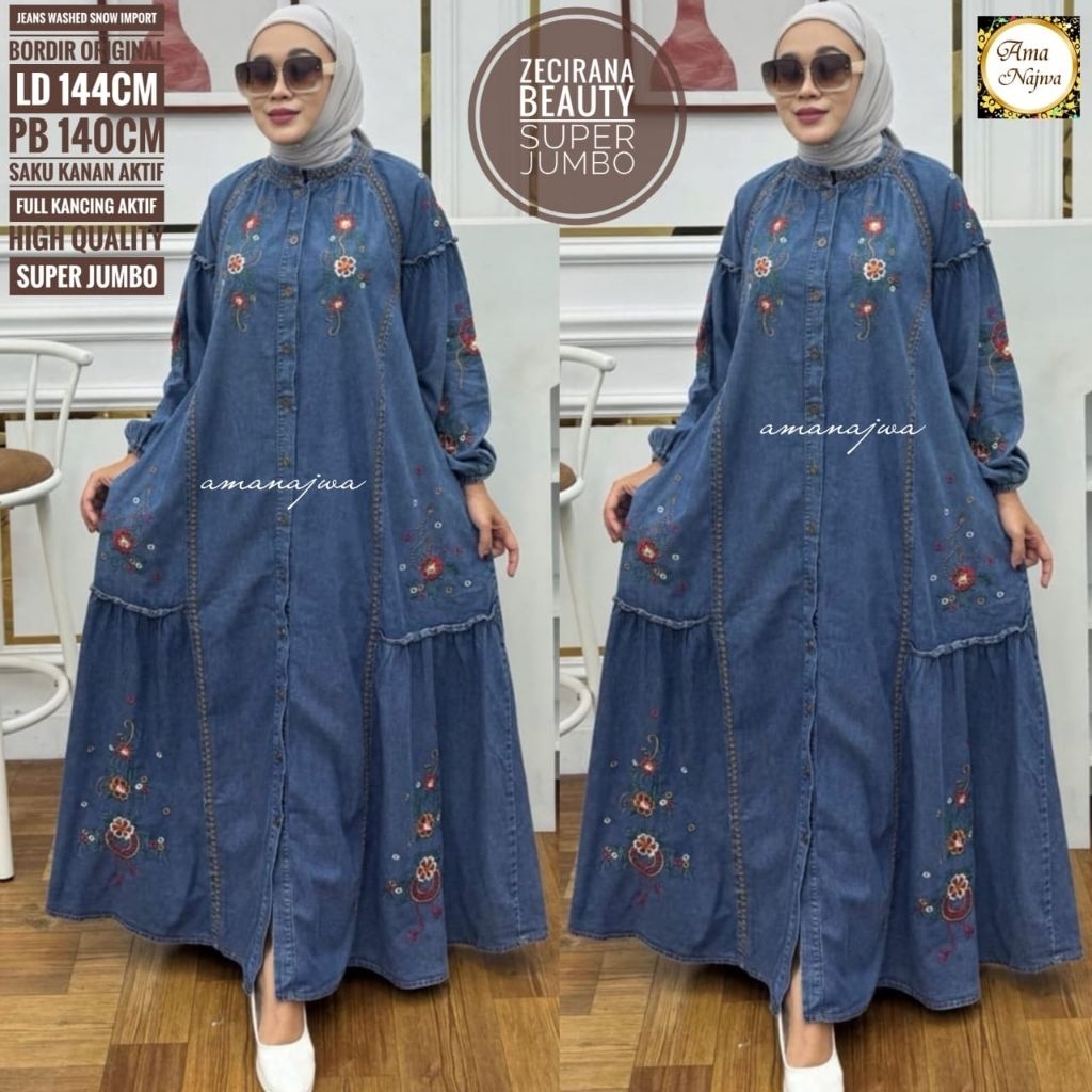 LD 140 | LD 120 Baju Gamis Jeans Washed Snow Bordir ZECIRANA BEAUTY SUPER JUMBO