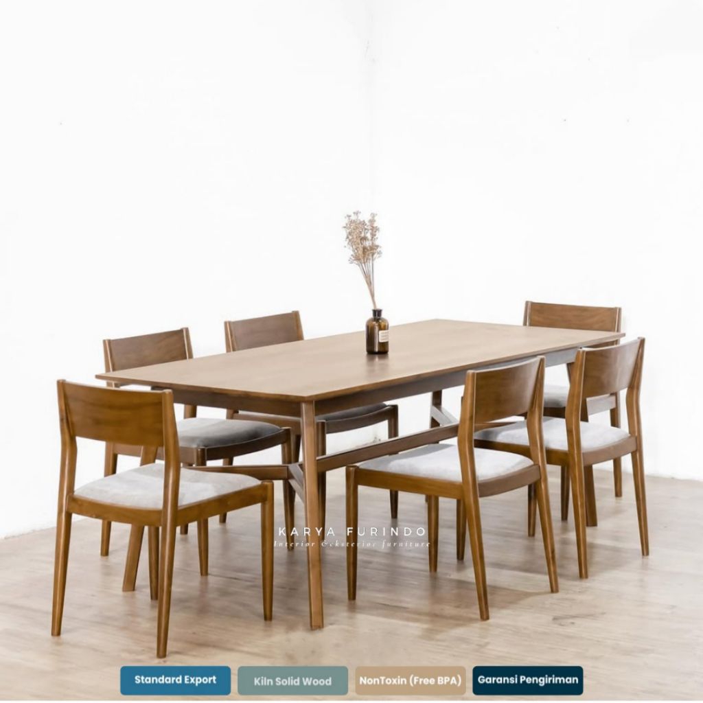 Set Meja Makan Japandy Style, Meja Makan Kayu Jati Perhutani