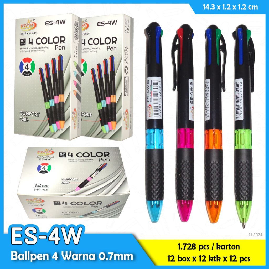 

(12 pcs ) PEN 4 WARNA ESCO / PULPEN 4 WARNA 0.7mm