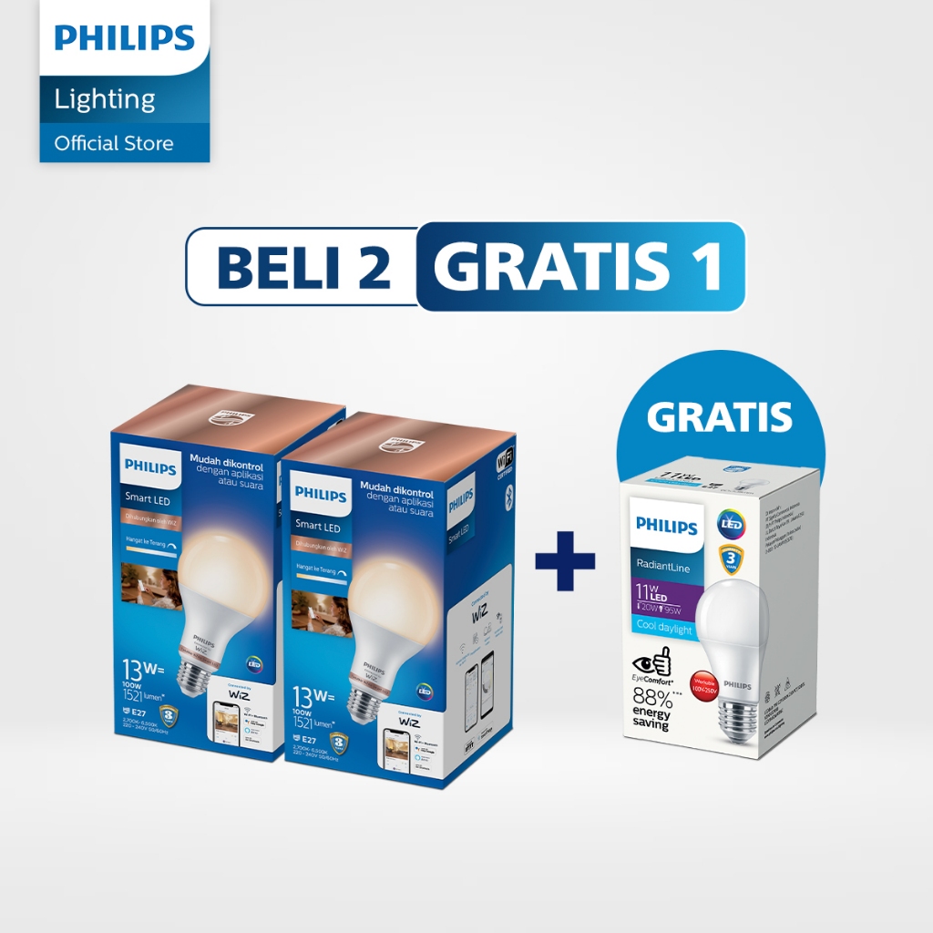 Beli 2 Philips Lampu Smart Wifi LED 13W Tunable White Gratis Lampu Philips RadiantLine LEDBulb 11W 6