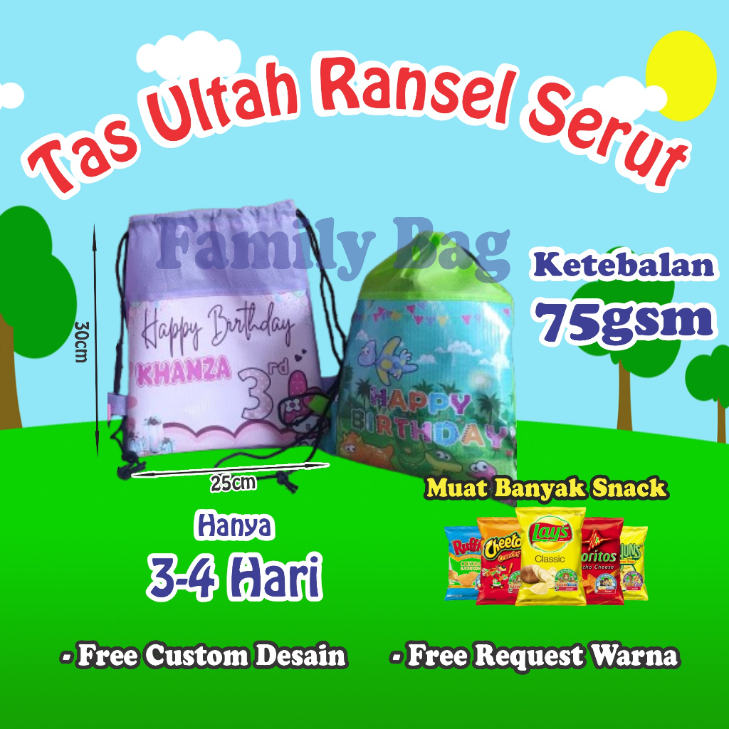 

Tas Ultah Serut/Tas Ultah Custom/Tas Ulang Tahun/Tas Souvenir/Tas Ultah Murah/Tas Serut Souvenir