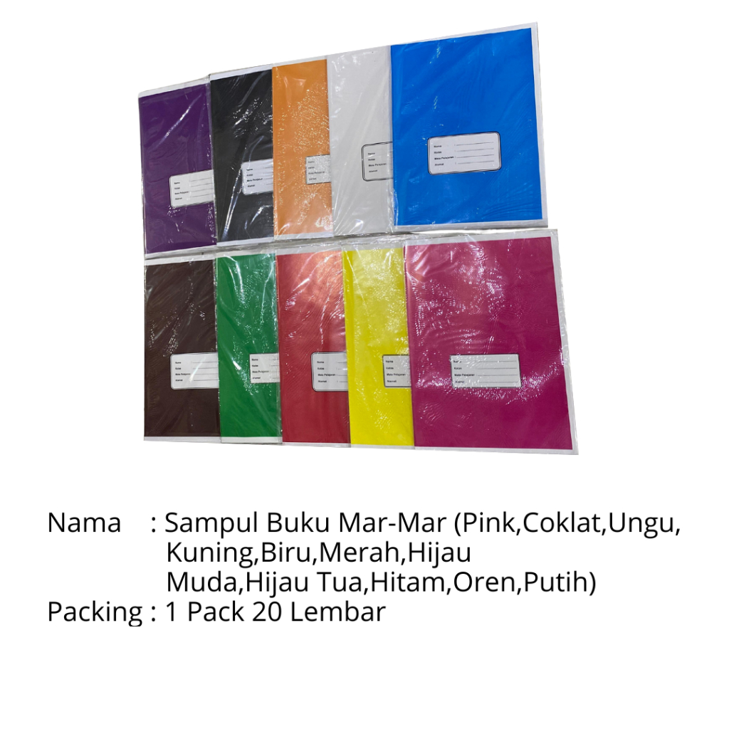 

Sampul Buku Mar-mar (ISI 20 LEMBAR) Pink, Coklat, Ungu, Kuning, Biru, Merah, HijauMuda, Hijau Tua, Hitam, Oren, Putih