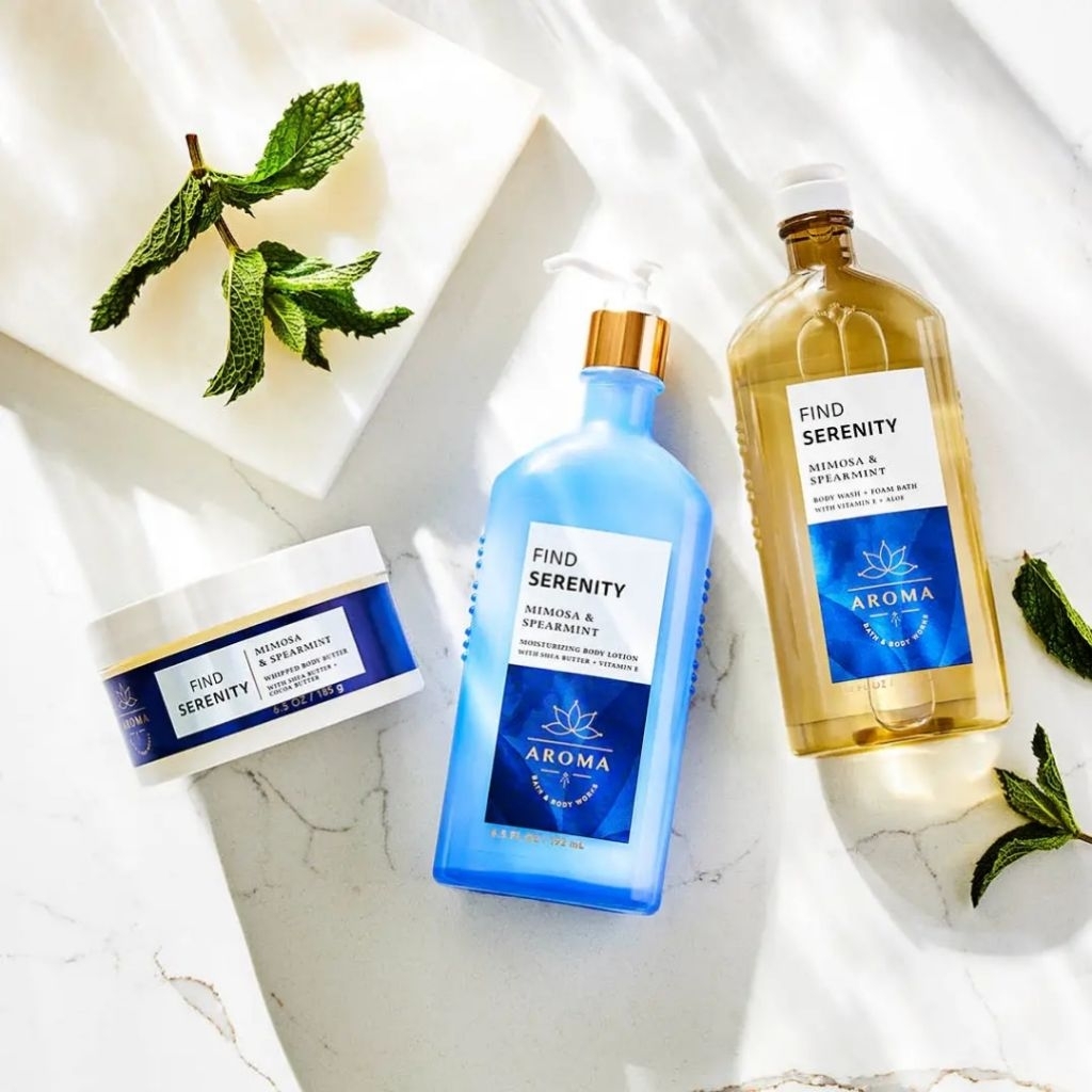 BBW AROMATHERAPY FIND SERENITY MIMOSA & SPEARMINT SERIES COOL SPEARMINT MIMOSA FLOWER WOODS CITRUS D