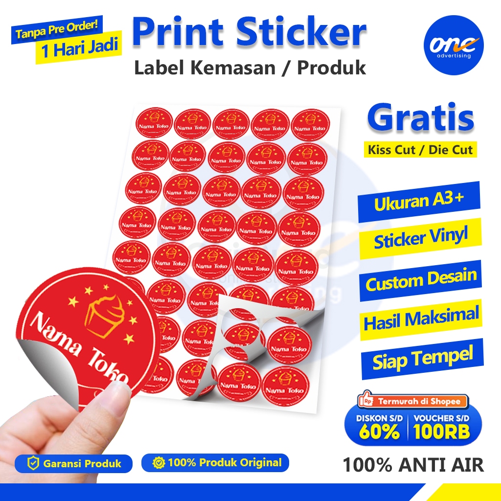 

Stiker Label Kemasan Produk Stiker Vinyl Cutting per Lembar A3+ Custom Desain