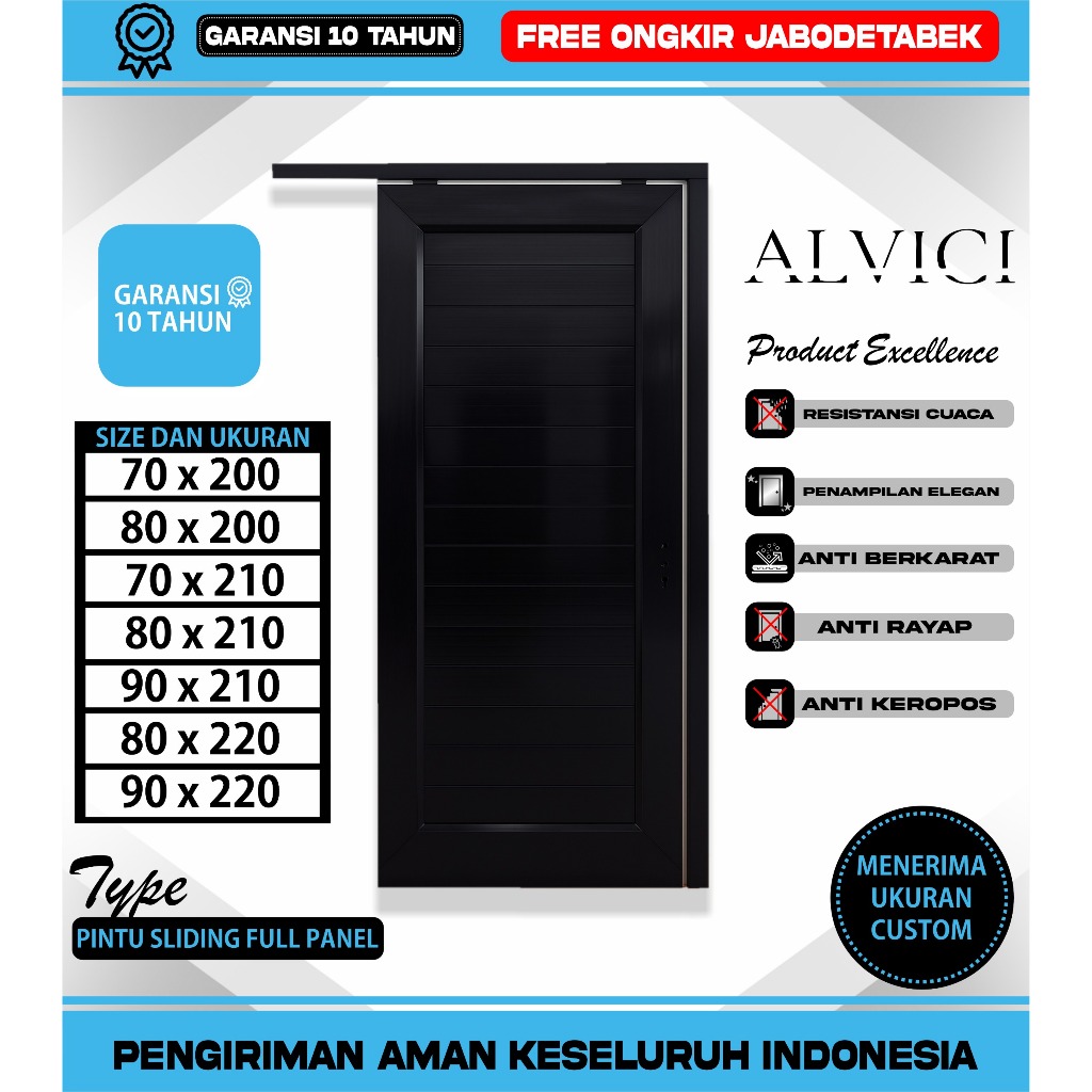 Pintu Kamar UPVC Sliding Full Panel Hitam Ukuran 70 x 200 Sampai 90 x 220 Bahan Pintu Tebal ALVICI