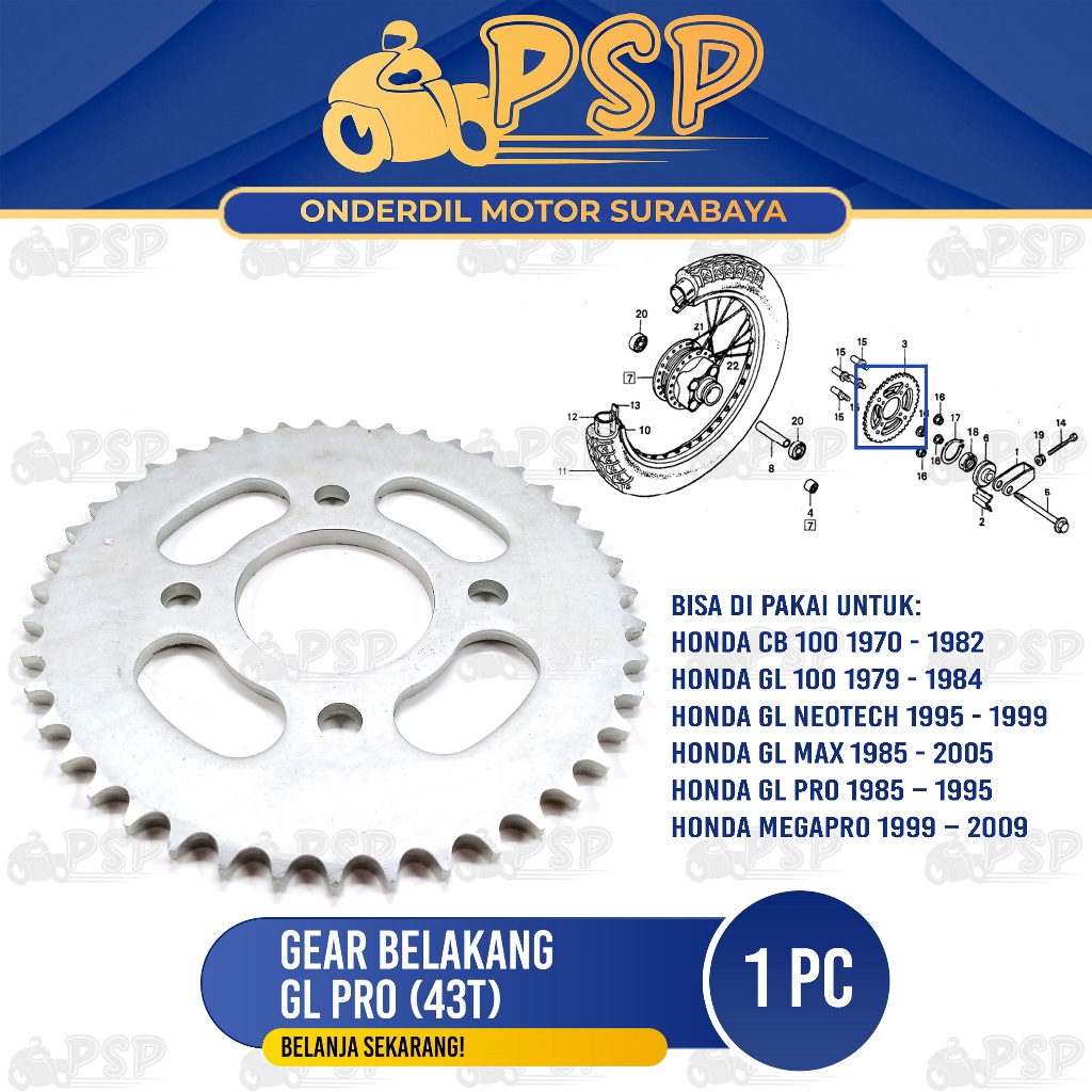 Ger Belakang GL Pro 43T - Gear Gir Belakang Type 428 Honda CB GL100 GL Max Neotech Mega Pro Tiger