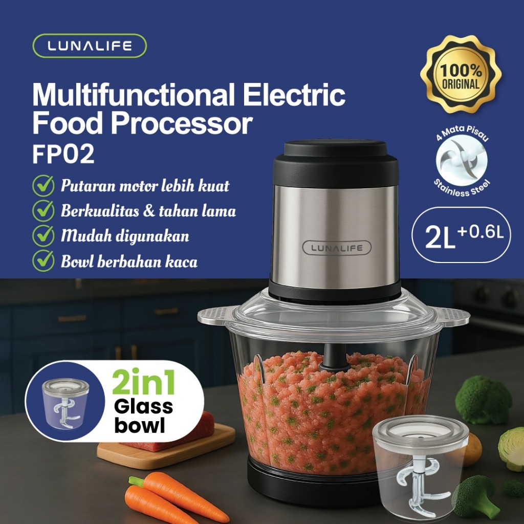 LUNALIFE Food Chopper FP02 Chopper Kaca 2L + 0.6L Penggiling Daging Multifungsi 300Watt Pisau Dapat 