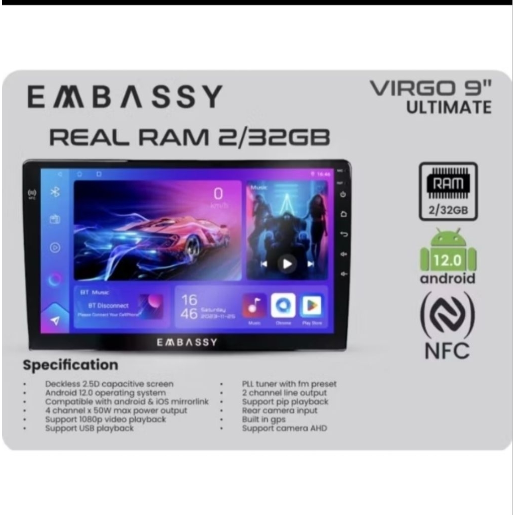 head unit tv mobil android embassy 9in  NFC konek kartu toll free kamera mundur