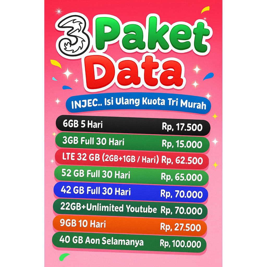 Inject Paket data Tri Aon Happy Kuota Reguler Bulanan 42Gb 3Gb 30Gb 22Gb 30 hari