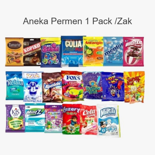 

Permen Aneka Jenis 1 Pack Mentos Fox Kiss Yupi Tamarin Apenlieble Relaxa Hot Hot Pop Permen Kaki Gulas Antangin Relaxa Cuwi Super Zuper Kapal Api Espresso - Permen Murah/Permen Zak/Permen Pack