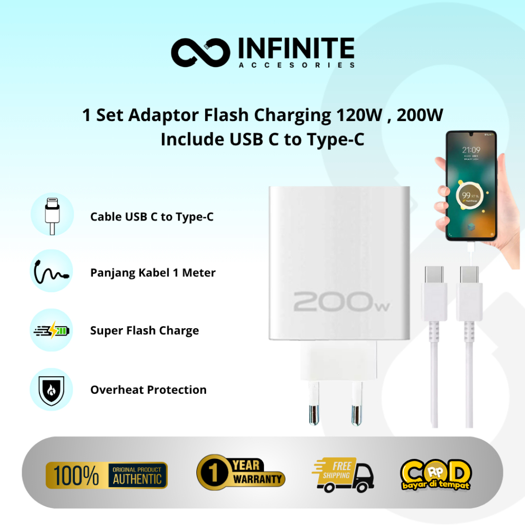Adaptor Fullset Cable Vivo C to C  Flash Charging 120w / 200w Charger Set